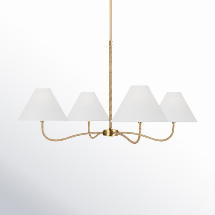 Burnished Brass and White Linen 4-Light Adjustable Chandelier