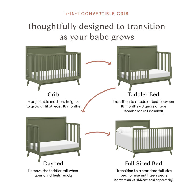 Olive Green Mid-Century Modern Convertible Crib with Tapered Legs