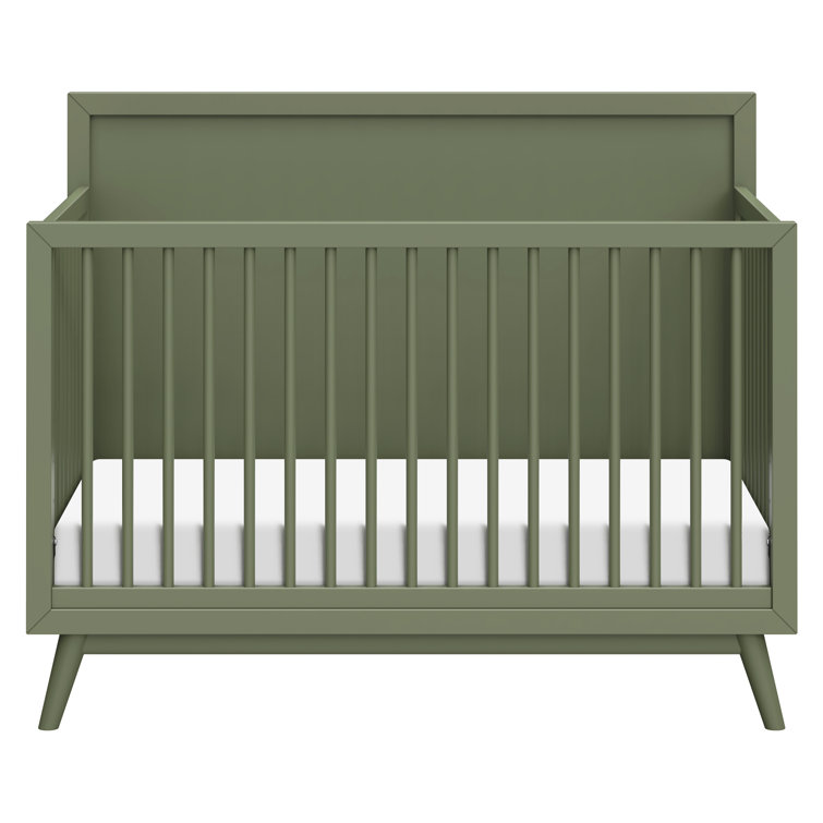 Olive Green Mid-Century Modern Convertible Crib with Tapered Legs