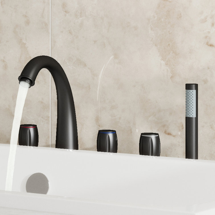 Matte Black Triple Handle Deck Mount Roman Tub Faucet with Hand Shower