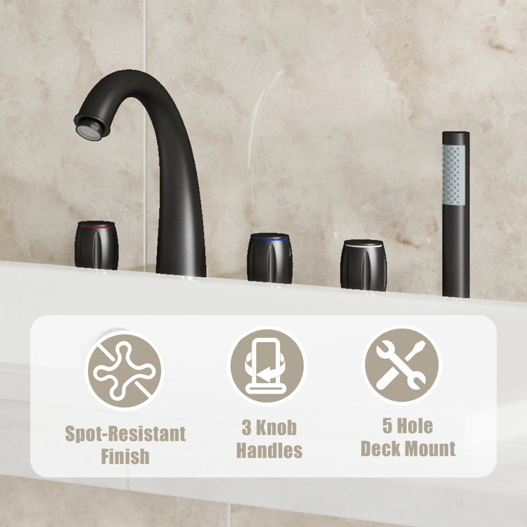 Matte Black Triple Handle Deck Mount Roman Tub Faucet with Hand Shower