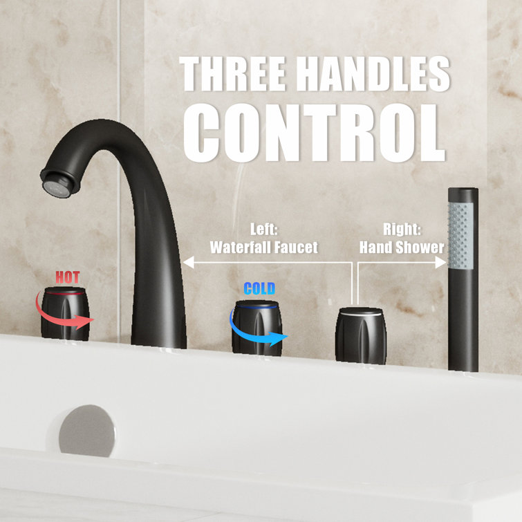 Matte Black Triple Handle Deck Mount Roman Tub Faucet with Hand Shower