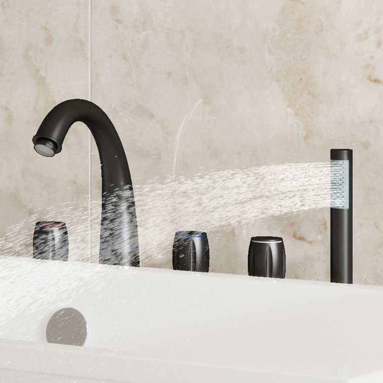 Matte Black Triple Handle Deck Mount Roman Tub Faucet with Hand Shower