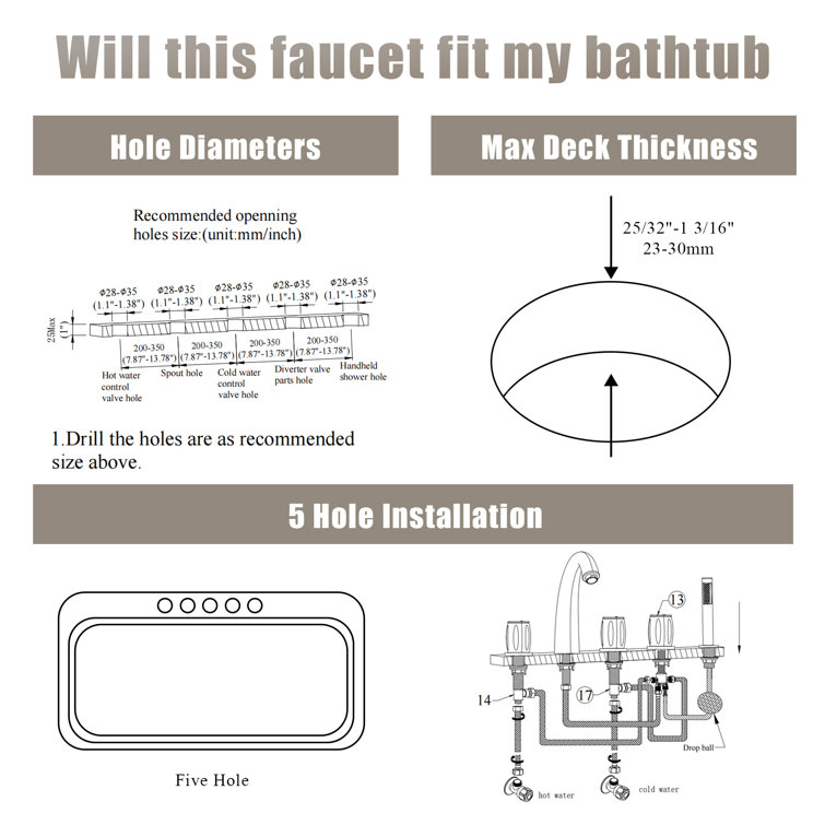 Matte Black Triple Handle Deck Mount Roman Tub Faucet with Hand Shower