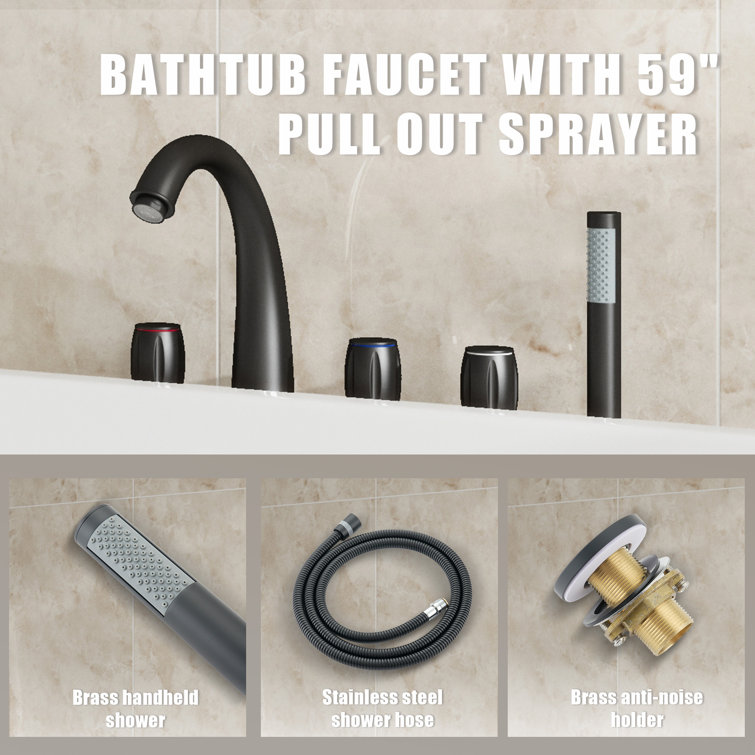 Matte Black Triple Handle Deck Mount Roman Tub Faucet with Hand Shower