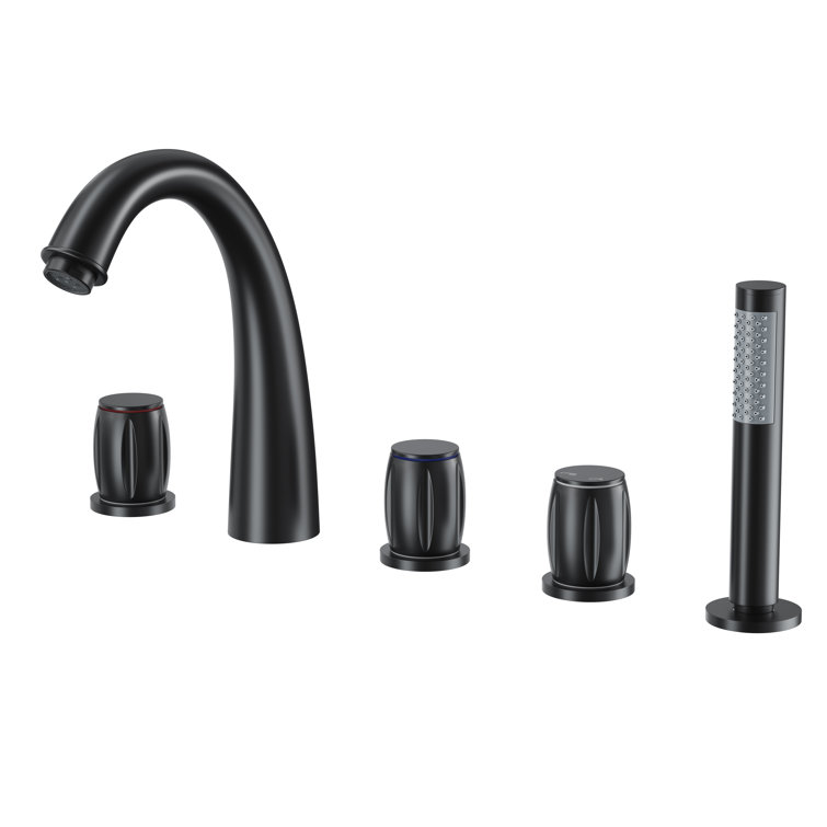Matte Black Triple Handle Deck Mount Roman Tub Faucet with Hand Shower