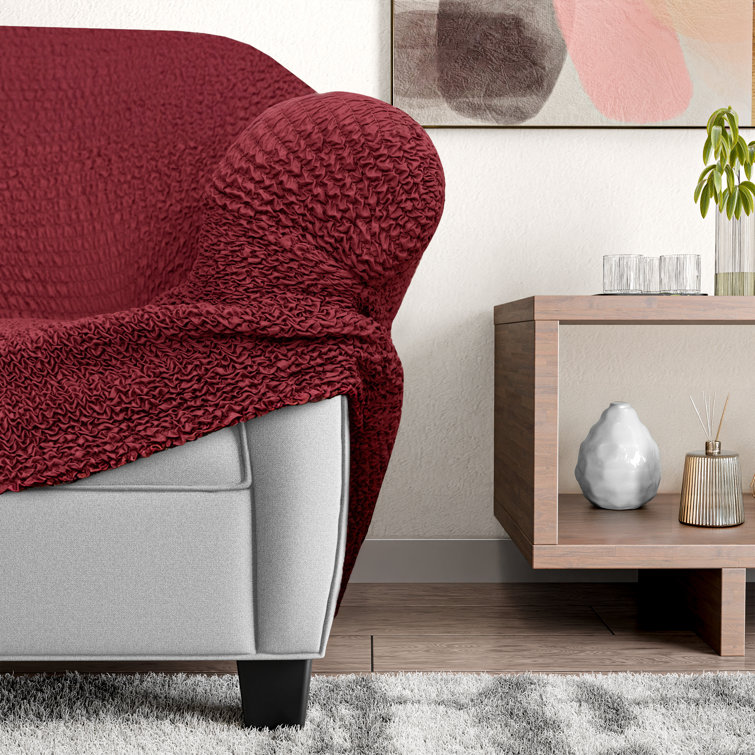 Burgundy Stretch Sofa Slipcover with Tuck Strips