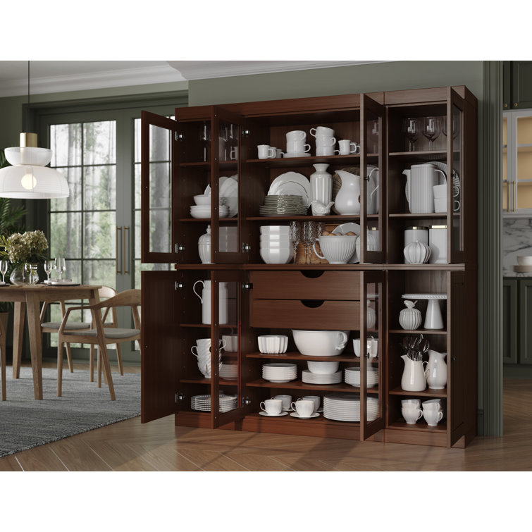 Mocha Solid Wood Raised Panel Kitchen Pantry Cabinet with Clear Glass Doors
