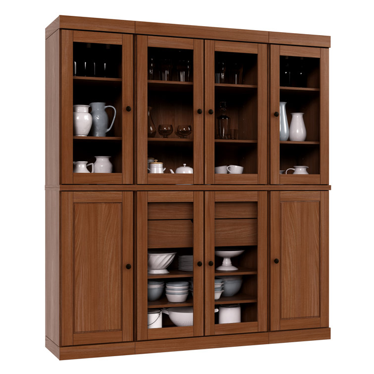 Mocha Solid Wood Raised Panel Kitchen Pantry Cabinet with Clear Glass Doors