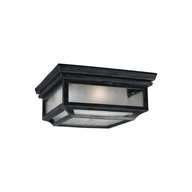 Rustic Dark Weathered Zinc 2-Light Outdoor Flush Mount with Opal Etched Glass