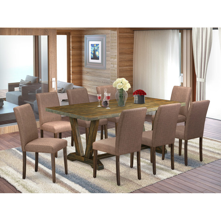 Distressed Jacobean 72" Modern Dining Set with 8 Light Sable Chairs