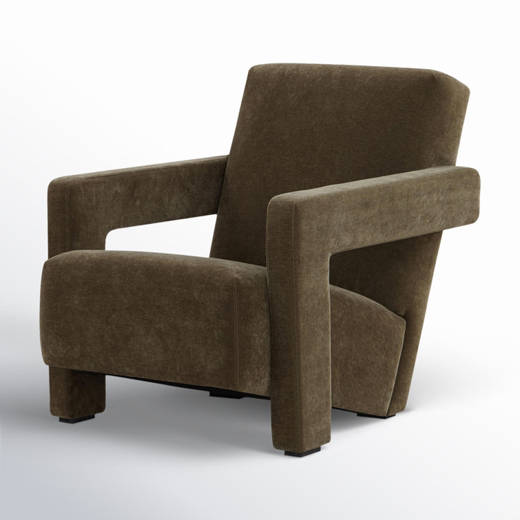 Olive Velvet Upholstered Armchair with Solid Wood Legs