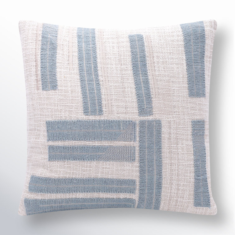 Ocean Blue and Ivory Cotton Embroidered Throw Pillow