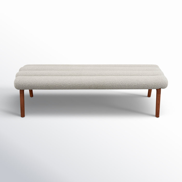 Ash Wood Straight Leg Bench with White Boucle Upholstery