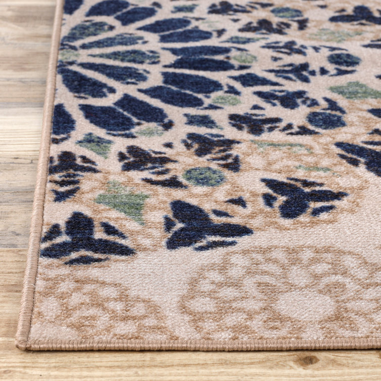 Cream and Blue Synthetic Medallion Washable Area Rug, 2' x 3'