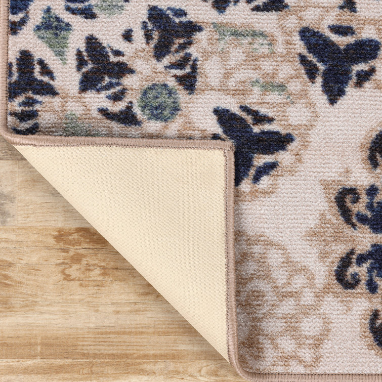 Cream and Blue Synthetic Medallion Washable Area Rug, 2' x 3'