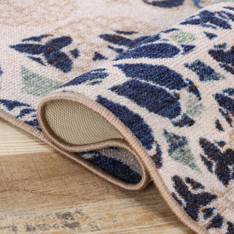 Cream and Blue Synthetic Medallion Washable Area Rug, 2' x 3'