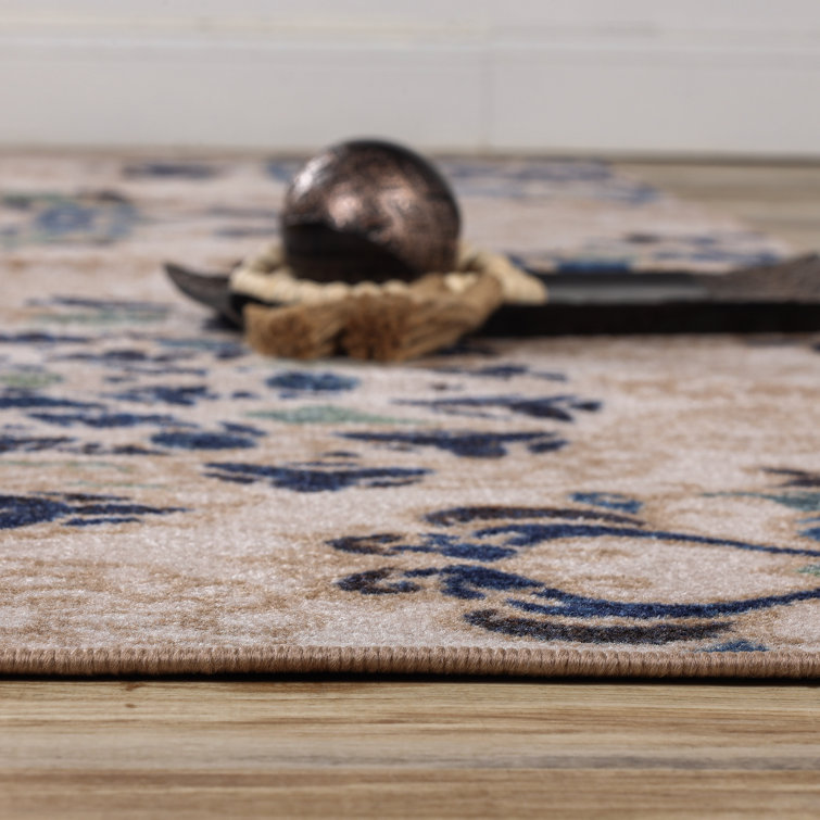 Cream and Blue Synthetic Medallion Washable Area Rug, 2' x 3'