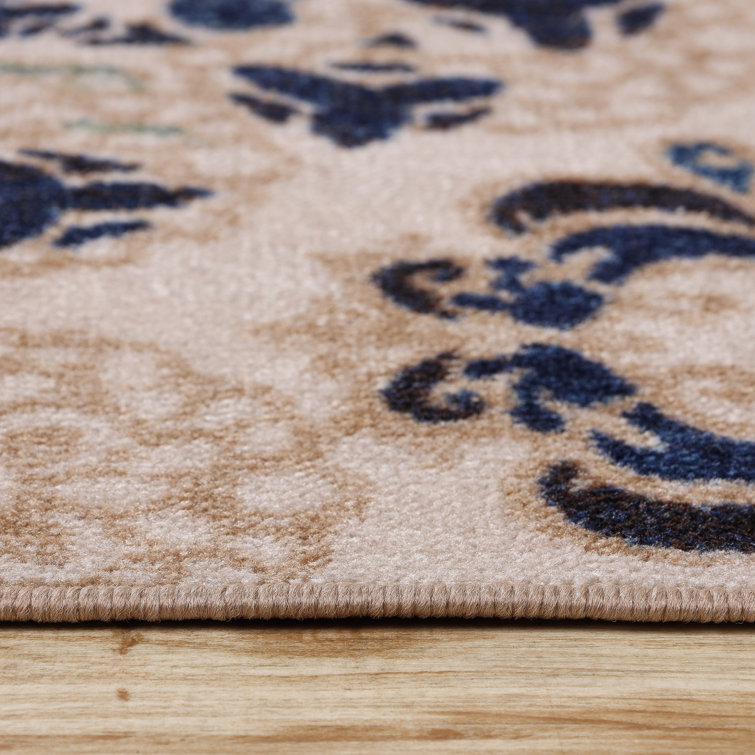 Cream and Blue Synthetic Medallion Washable Area Rug, 2' x 3'