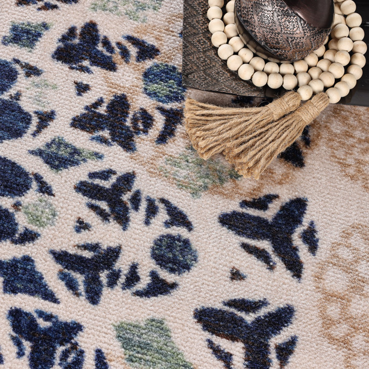 Cream and Blue Synthetic Medallion Washable Area Rug, 2' x 3'