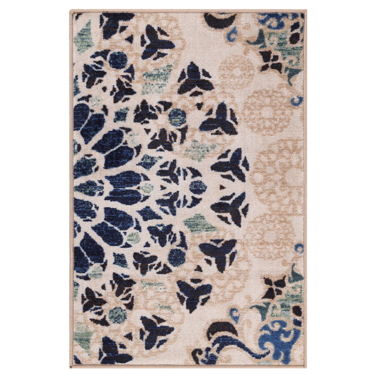 Cream and Blue Synthetic Medallion Washable Area Rug, 2' x 3'
