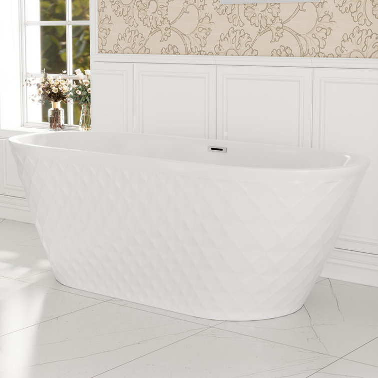 White Diamond Pattern Acrylic Freestanding Soaking Bathtub