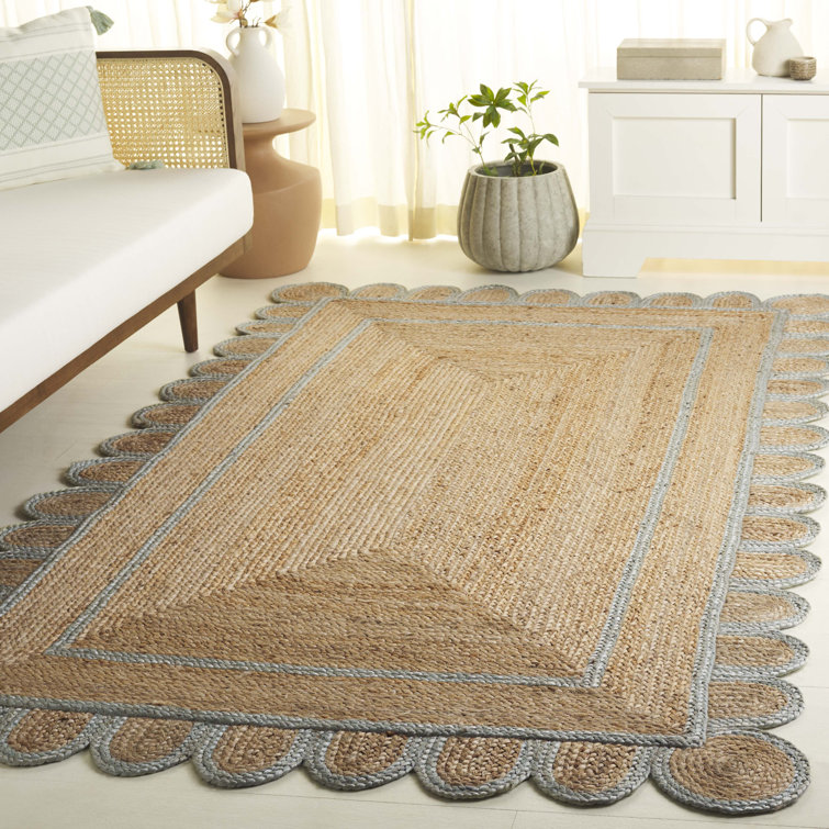 Handwoven Natural Jute and Light Blue Geometric Rectangular Rug 4' x 6'