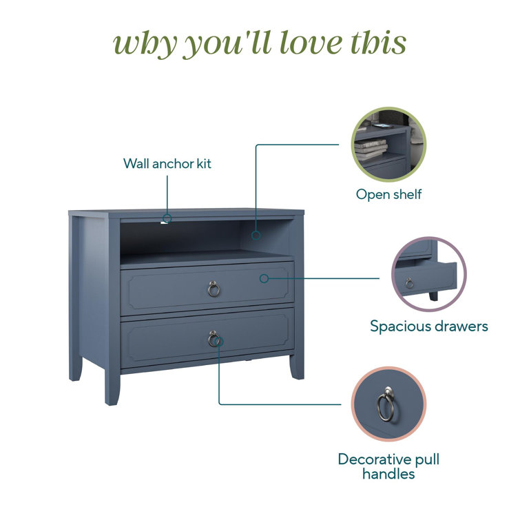 Blue 2-Drawer Nightstand with Open Cubby and Wood Legs