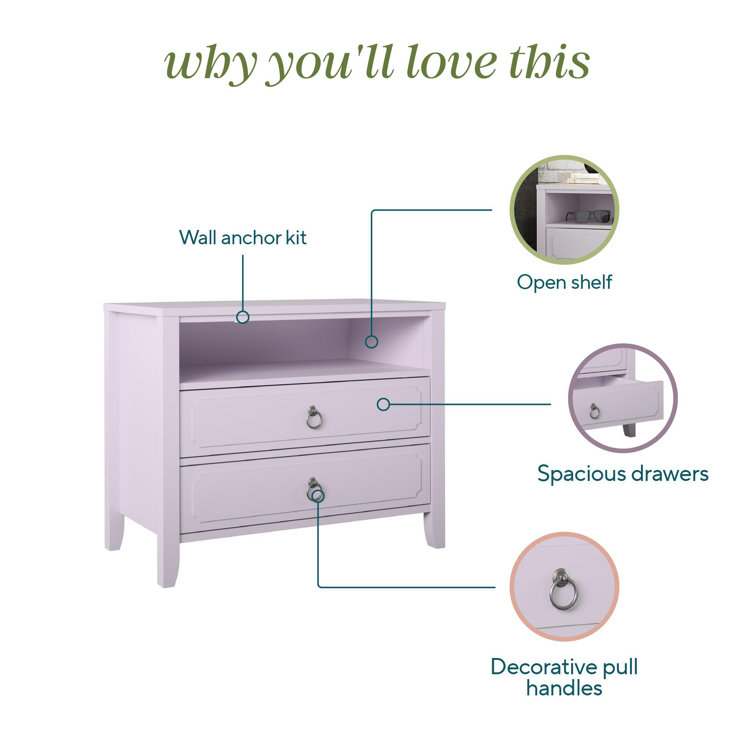 Lavender MDF and Wood 2-Drawer Nightstand with Open Cubby