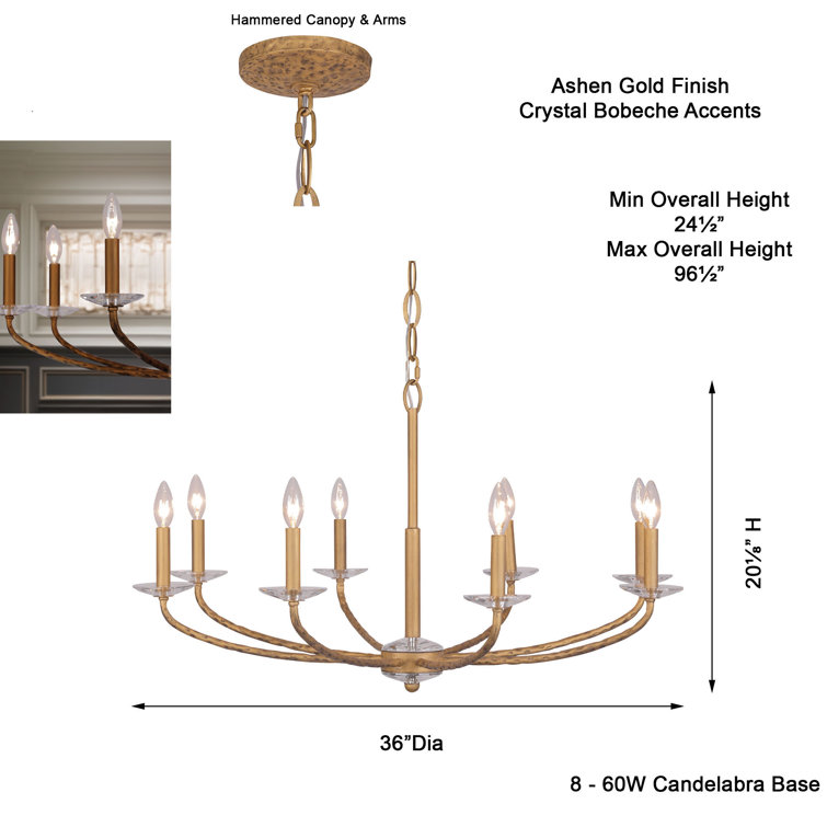 Ashen Gold 36" 8-Light Candle Style Chandelier with Crystal Accents