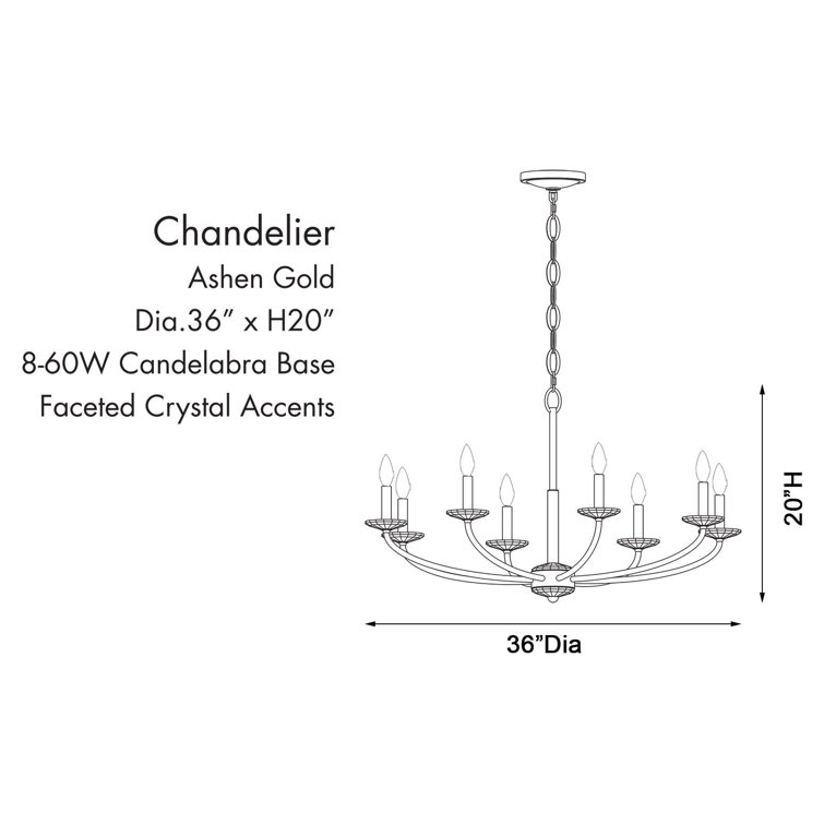 Ashen Gold 36" 8-Light Candle Style Chandelier with Crystal Accents