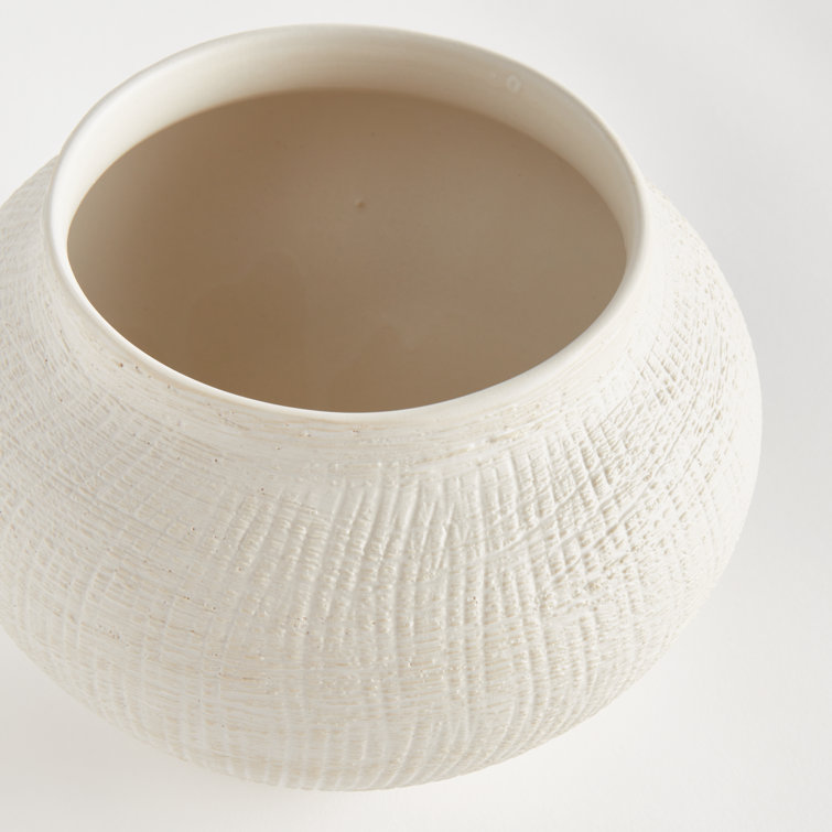 Matte White Ceramic Urn Pot with Cross-Hatch Texture
