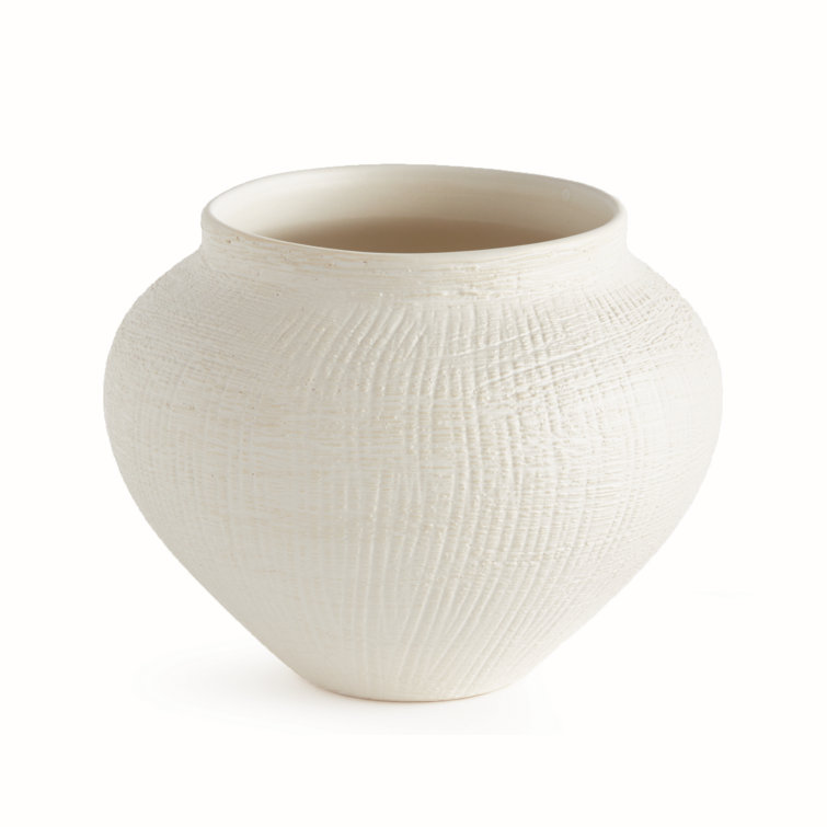 Matte White Ceramic Urn Pot with Cross-Hatch Texture