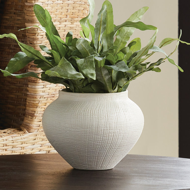 Matte White Ceramic Urn Pot with Cross-Hatch Texture
