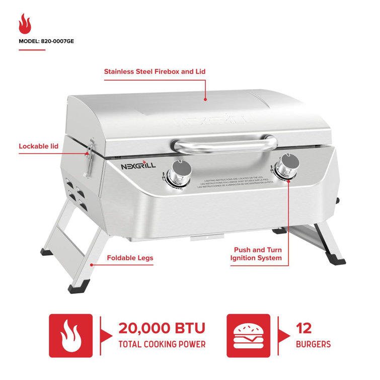 Compact Stainless Steel 2-Burner Portable Propane Gas Grill