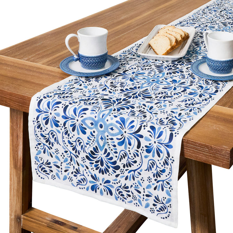Indigo and White Cotton Linen Table Runner 18" x 90"