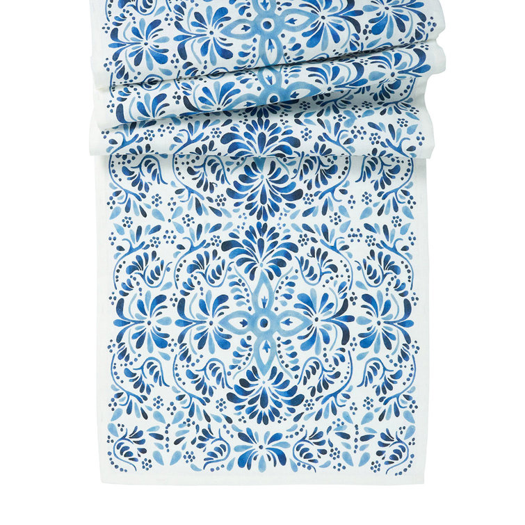 Indigo and White Cotton Linen Table Runner 18" x 90"