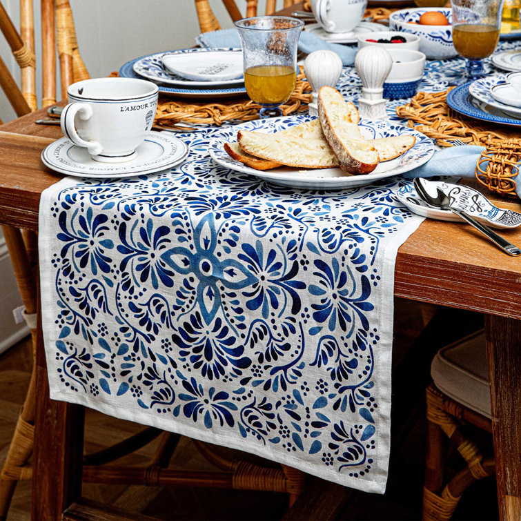 Indigo and White Cotton Linen Table Runner 18" x 90"