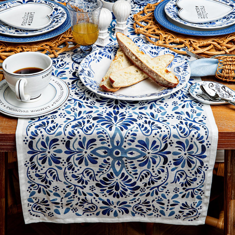 Indigo and White Cotton Linen Table Runner 18" x 90"