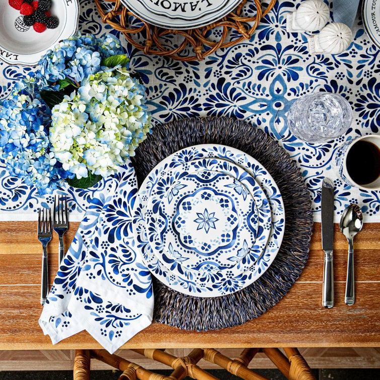 Indigo and White Cotton Linen Table Runner 18" x 90"