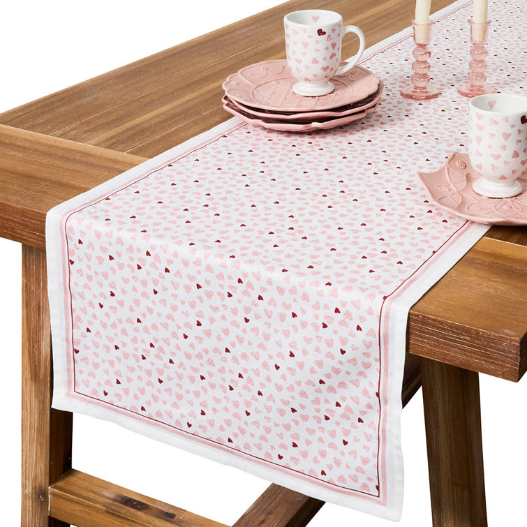 Pink Hearts Cotton Linen Table Runner 18" x 90"