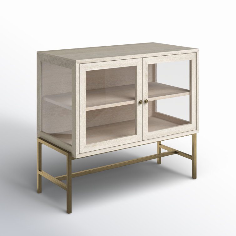 Arelius 36" White and Gold Wood Accent Cabinet with Glass Doors