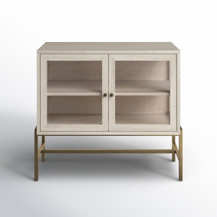 Arelius 36" White and Gold Wood Accent Cabinet with Glass Doors