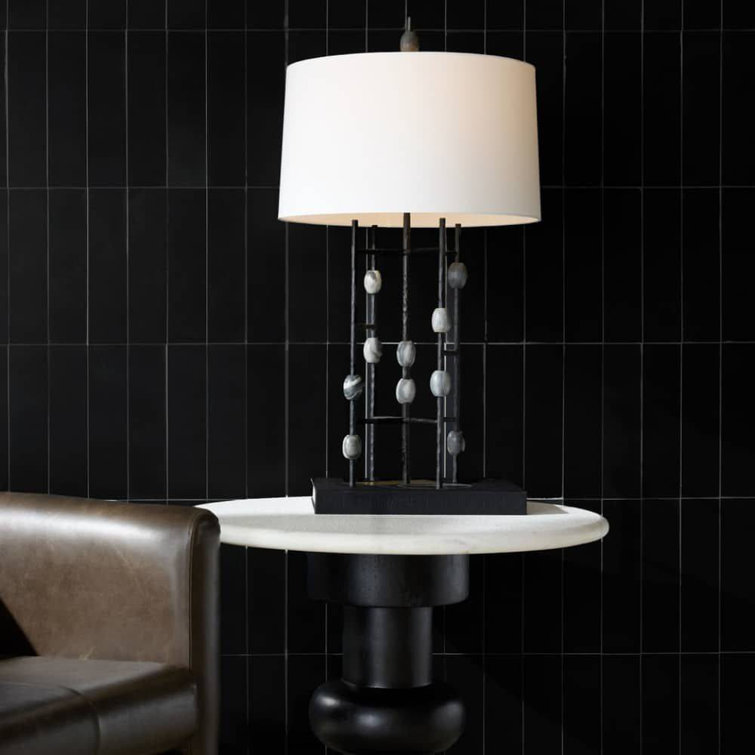 32" White Drum Shade Table Lamp with Iron Grid Base