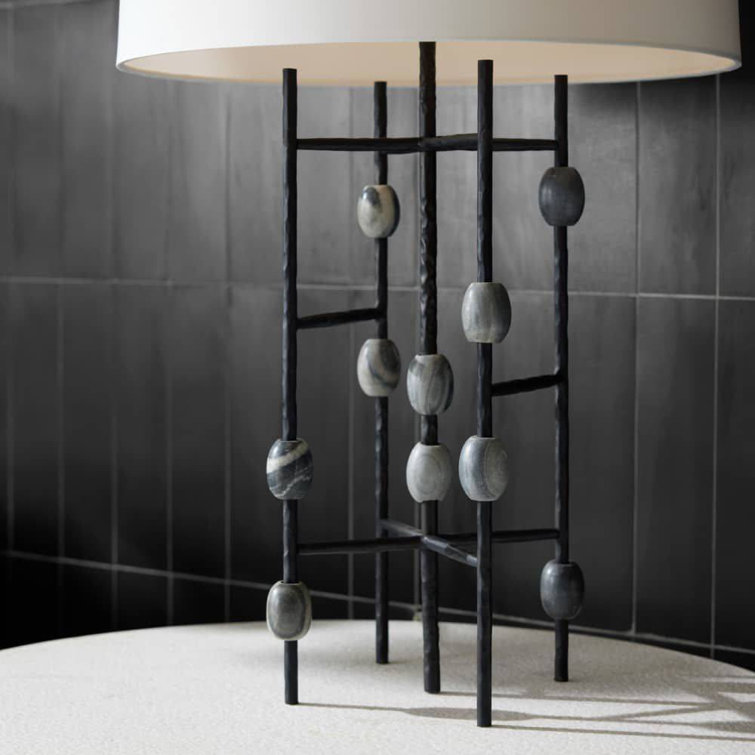 32" White Drum Shade Table Lamp with Iron Grid Base