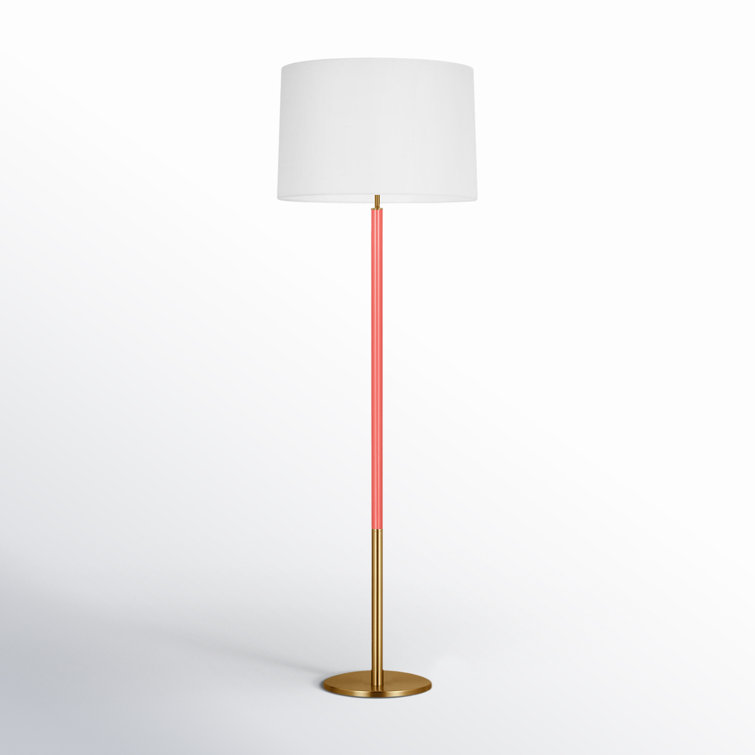 61.88'' Burnished Brass and Coral Steel Floor Lamp with White Linen Shade