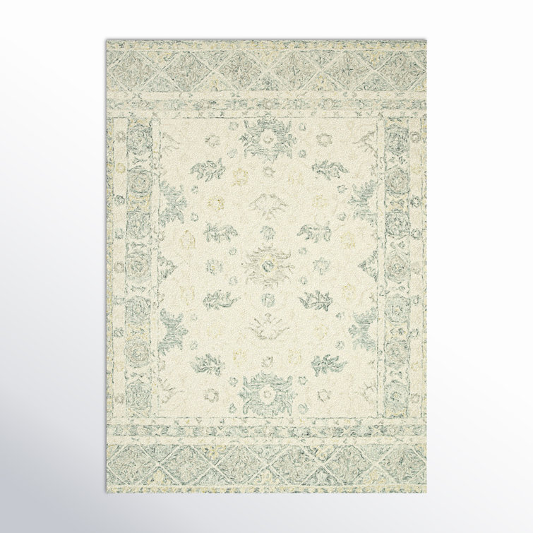Ivory and Slate Floral Wool Rectangular Rug, 7'9" x 9'9"