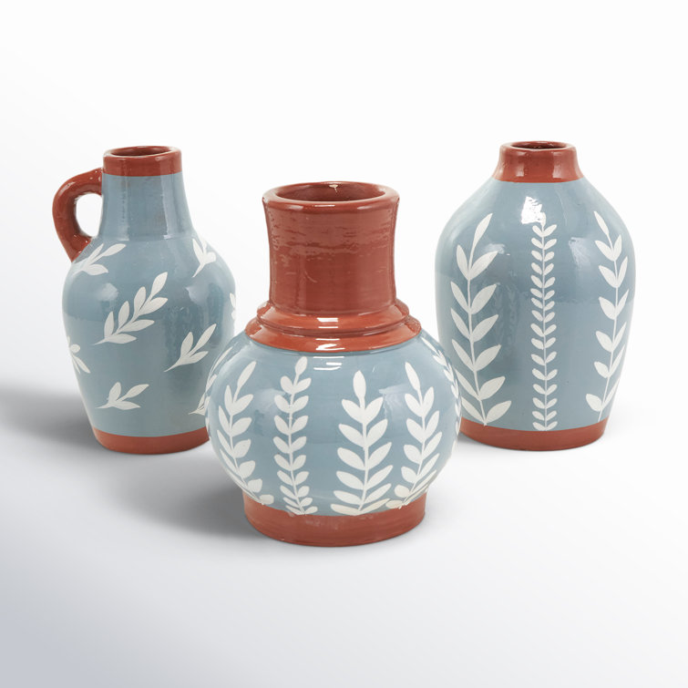 Blue and Terracotta Ceramic Bud Vase Set of 3