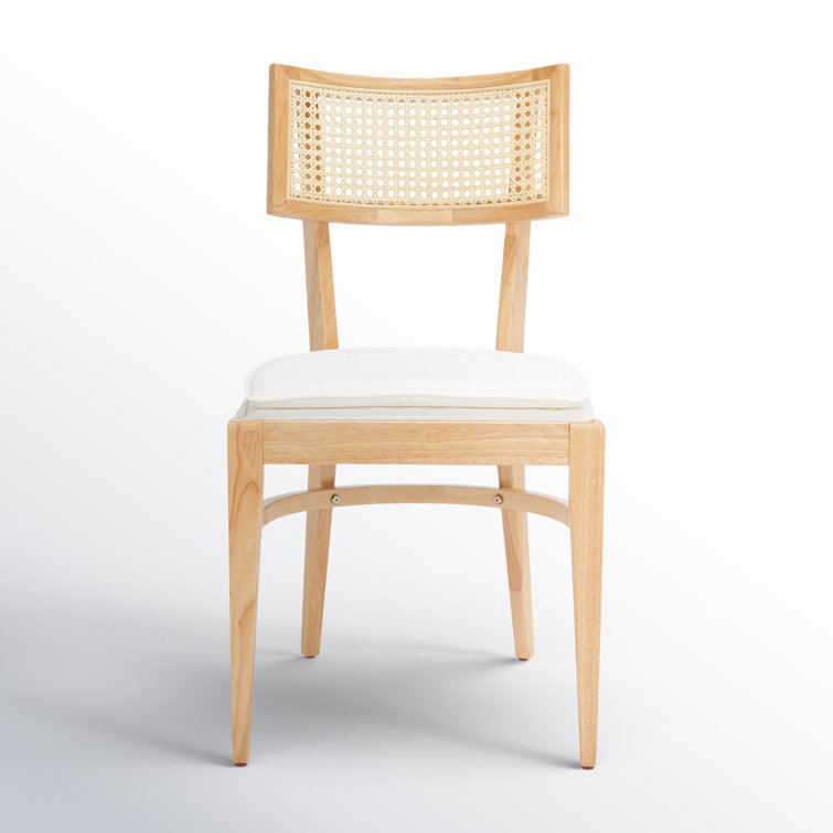 Natural Rubberwood and Cane Side Chair with White Upholstery