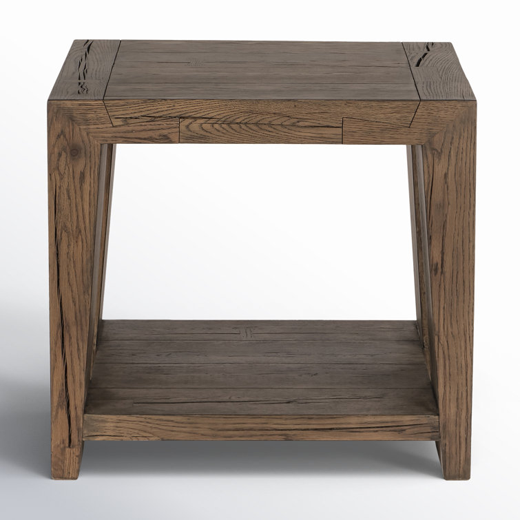 Antique Brown Oak Wood Rectangular End Table with Shelf